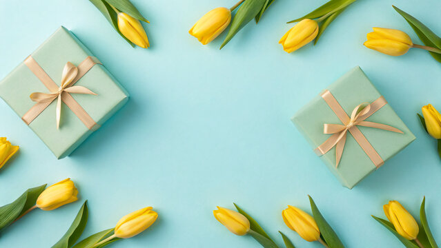 mother's day trendy celebration concept Colorful arrangement of presents and yellow tulips on a blue background for a spring celebration - Powered by Adobe