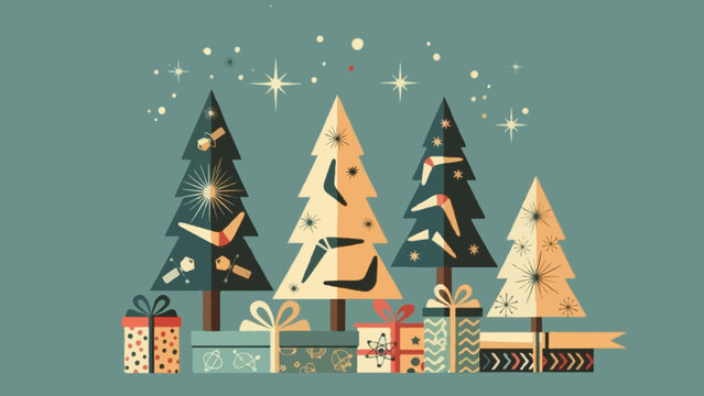 Mid-century modern holiday illustration featuring stylized pine trees with atomic-era patterns