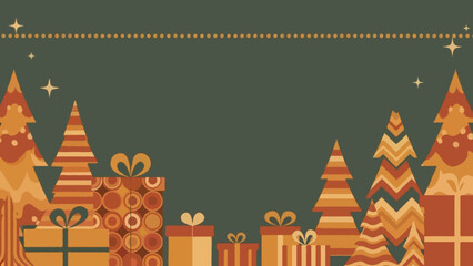 Obraz premium 70s retro Christmas frame with groovy patterned trees, rounded-edge gift boxes, warm mustard and rust tones, small dotted sparkles at the upper edge