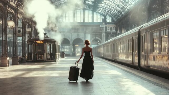 Woman in black dress walks with suitcase in vintage train station during early morning light, BackView of Woman in Black Dress Walking with Suitcase at Station Waiting for Train or Plane