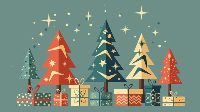 Mid-century modern holiday illustration featuring stylized pine trees with atomic-era patterns