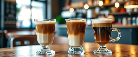 Close-up of artisan coffee drinks on blurred cafe background, barista, closeup