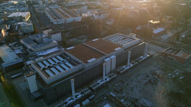 data center computing center, hyperscaler computer servers, cloud services and it services Building exterior. Fantastic aerial view flight drone camera pointing down