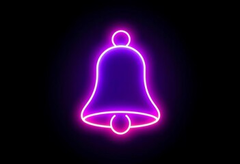 Vibrant neon bell icon glows on dark background Minimalist digital art design, purple, orange
