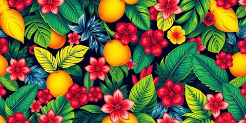 Vibrant tropical foliage & fruit vector seamless summer pattern,  design,   palm