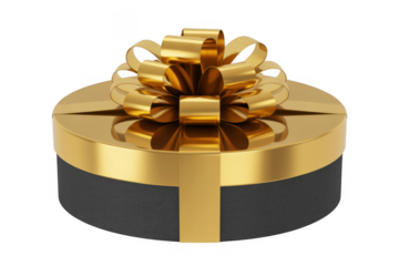 Round black gift box with gold ribbon and bow isolated on a transparent background image