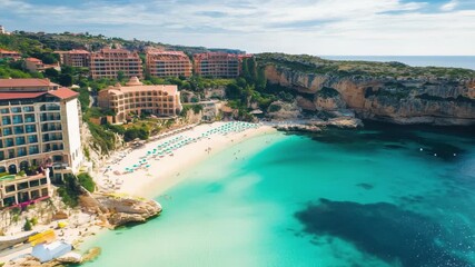Tropical paradise showcasing serene turquoise waters and luxurious beachside resorts in a coastal landscape, Aerial drone video of tropical paradise turquoise beach in mediterranean destination