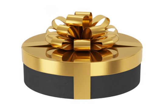Round black gift box with gold ribbon and bow isolated on a transparent background image