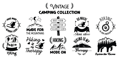 Vintage outdoor adventure camping and hiking badges collection designs