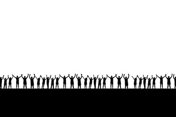 Naklejka premium Silhouette of a large crowd of people raising their arms in unity and celebration. They are silhouetted against a split background