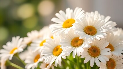Fresh daisy bouquet bathed in soft sunlight, showcasing delicate pastel petals.