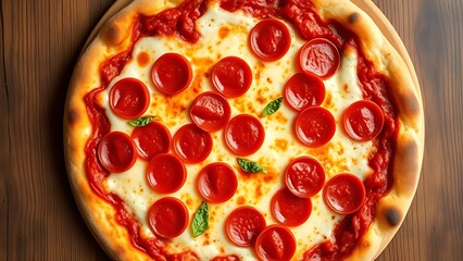 Pepperoni pizza with melted cheese, captured on a rustic wooden background for a delicious appeal.
