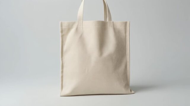 Isolated beige canvas tote bag with fabric handles on neutral studio background, a reusable eco-friendly shopper.