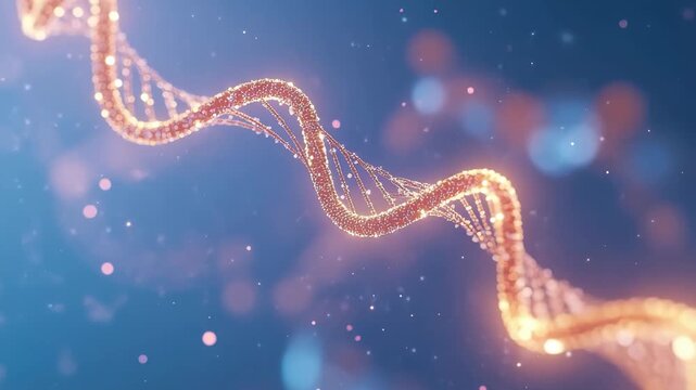 Visual representation of a spinning DNA strand with data processing on a blue background, dna strand spinning and data processing on blue background - Powered by Adobe