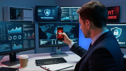 Corporate man handling emergency alert notification on mobile phone, concept of warning message, cyber threat monitoring, digital security breach, urgent system error, and risk management - Powered by Adobe