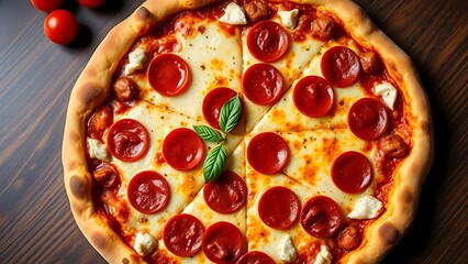 A gourmet pepperoni pizza with melted cheese, presented in an inviting overhead composition.