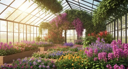 Sun-drenched greenhouse filled with vibrant blooms. Lush greenery cascading from overhead