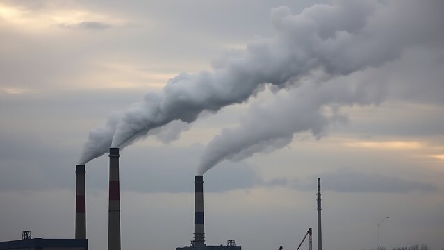 Industrial smokestacks releasing vapor into a cloudy sky, conveying an environmental message with muted tones.