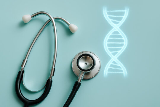 Stethoscope rests beside glowing DNA helix illustration soft blue background, symbolizing connection between medical science and genetics. This captures essence of healthcare innovation - Powered by Adobe