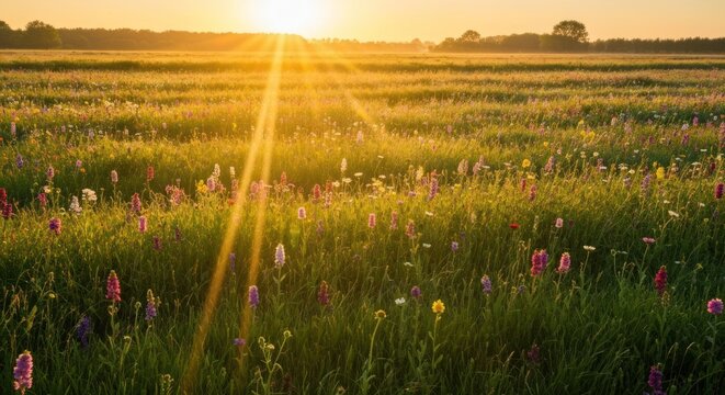 Sunbeams on a meadow of wildflowers at dawn - Powered by Adobe