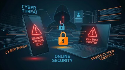 Concept of phishing scam, cyber threat, email fraud, and online security. Warning spam email alert on smartphone and laptop. cybersecurity risks to protect digital identity from hacker - Powered by Adobe