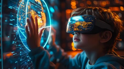 A kid boy learns online using futuristic technology. The concept of the integration of advanced digital tools in education, and learning experiences for the future generation. Generative AI.