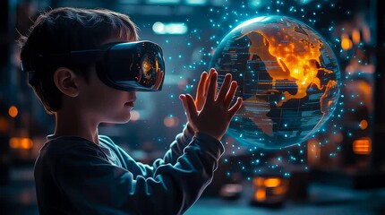 A kid boy learns online using futuristic technology. The concept of the integration of advanced digital tools in education, and learning experiences for the future generation. Generative AI. - Powered by Adobe