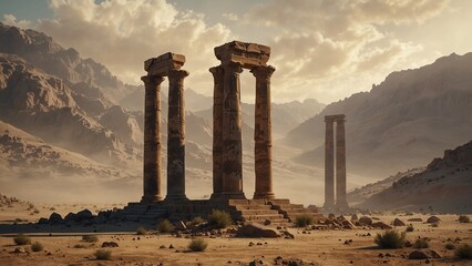 Fantasy-style AI illustration of a group of pillars in a desert with mountains in the background