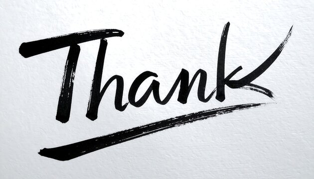 Elegant handwritten Thank in black ink on white background.