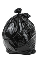 Black plastic trash bag, fully sealed, isolated