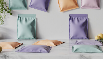Pastel colored pouches on a marble surface.