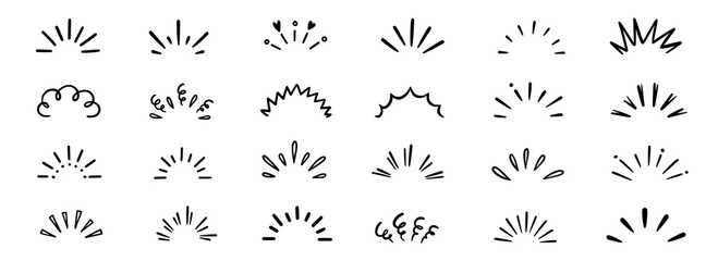 Obraz na płótnie Canvas Hand drawn line art bursts with surprise rays and sparkles. Doodle hand drawn starburst icons shine bright. Surprise shapes for comic effects, manga splash, cartoon decorations. Vector illustration