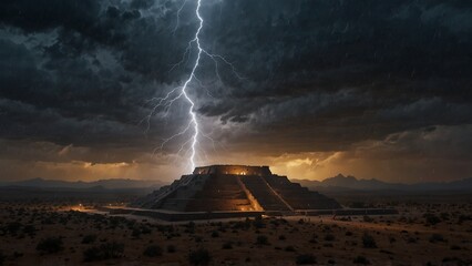 Generative AI artwork showing a lightning strikes over a pyramid in the desert