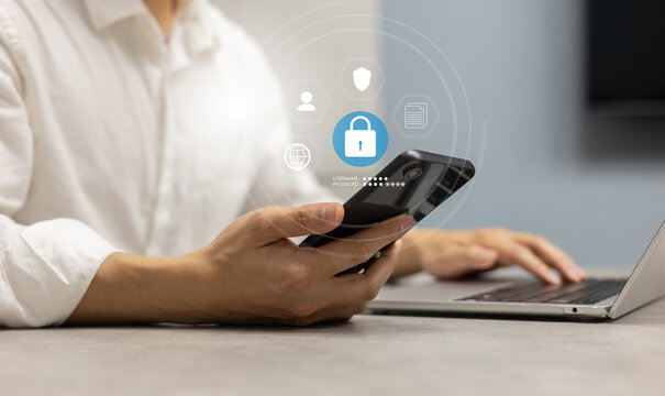 close up man hand use digital tablet to access account on social media network website with virtual icon of PDPA for security personal information concept