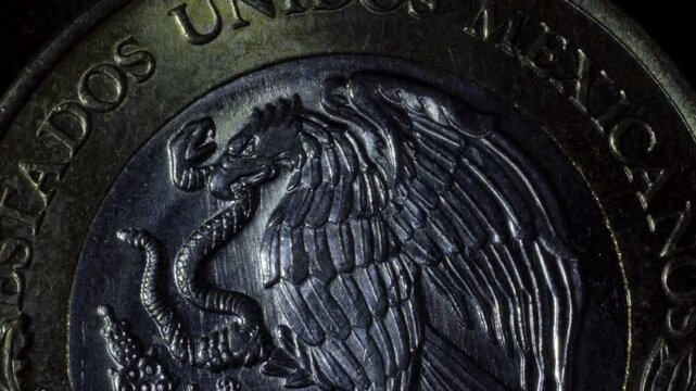 Close-up of Mexican 10 Pesos Coin: Eagle and Snake National Emblem