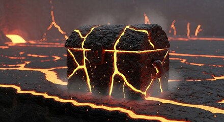 A chest forged from blackened, volcanic rock, with seams of glowing molten gold, steaming gently on a shelf of cooled lava