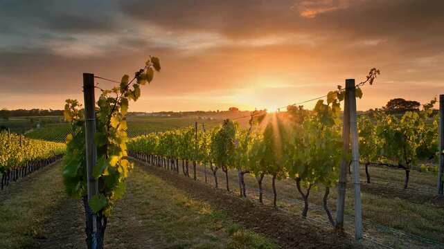 Rows of grapevines at sunset with sun rays through the leaves in countryside scenery, beautiful idyllic winery landscape