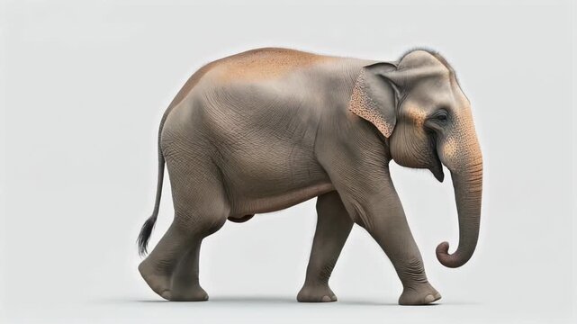 Isolated Asian elephant strides forward on white background, showcasing its textured skin and graceful movement, with an emphasis on its gentle nature.