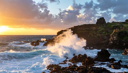 Fototapeta premium Dramatic Coastal Sunset - Waves Crashing Against Rocky Cliffs in Maui.
