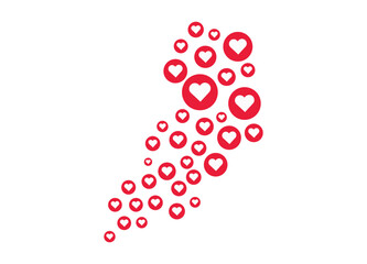 Vector flying red love hearts stream social media emoji icons pattern doodle feedback internet reaction comment post layout bubble confetti colorful celebration background like set design.