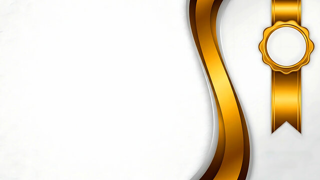 A luxurious white certificate background featuring bold flowing gold curves and a hanging medal ribbon emblem. Suitable for high-end awards, appreciation certificates, diplomas, and recognition docume