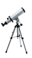 Silver telescope on tripod against a dark backdrop