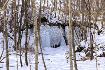 北海道平取町、マカウシノ沢川沿いに見られるマカウシの滝氷【12月】