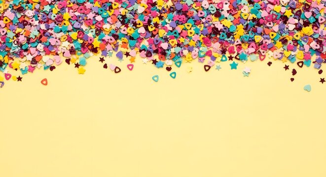 Colorful confetti scattered on a yellow background festive celebration and party decoration