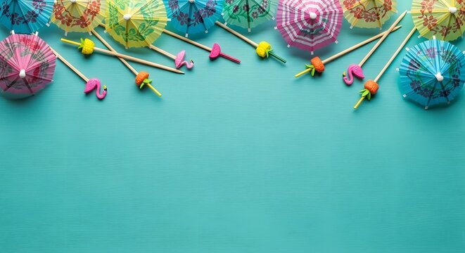 Festive cocktail umbrellas on a turquoise background with copy space for text