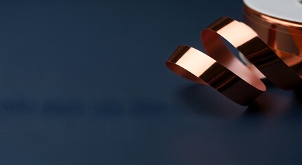 Elegant copper ribbon spool on dark blue background with copy space