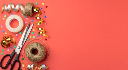 Festive crafting supplies on coral background with copy space for text