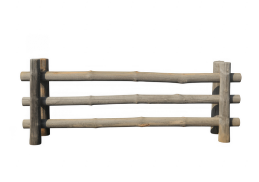 Rustic wooden fence with three horizontal rails and vertical posts isolated on a transparent background