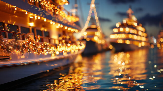 Beautiful boats wrapped in warm golden holiday lights during the Newport Beach Christmas Boat Parade at dusk