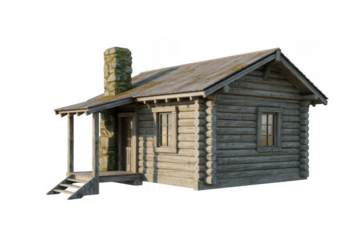 Rustic wooden log cabin with stone chimney and porch isolated on a transparent background